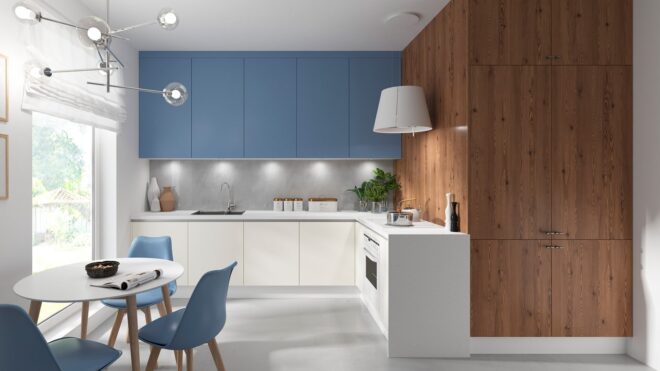 Meble kuchenne na wymiar - kolor niebieski, kolor biały, motyw drewna na ścianach- Velluto Atlas